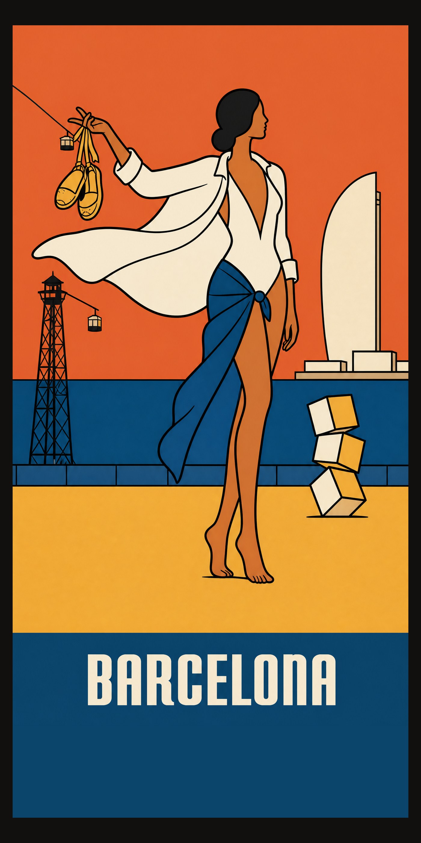 BARCELONA beach towel, original seaside poster print, 91 by 183 cm