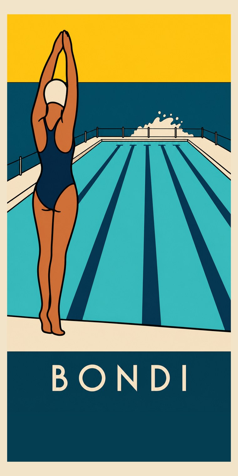BONDI beach towel, original seaside poster print, 91 by 183 centimetres