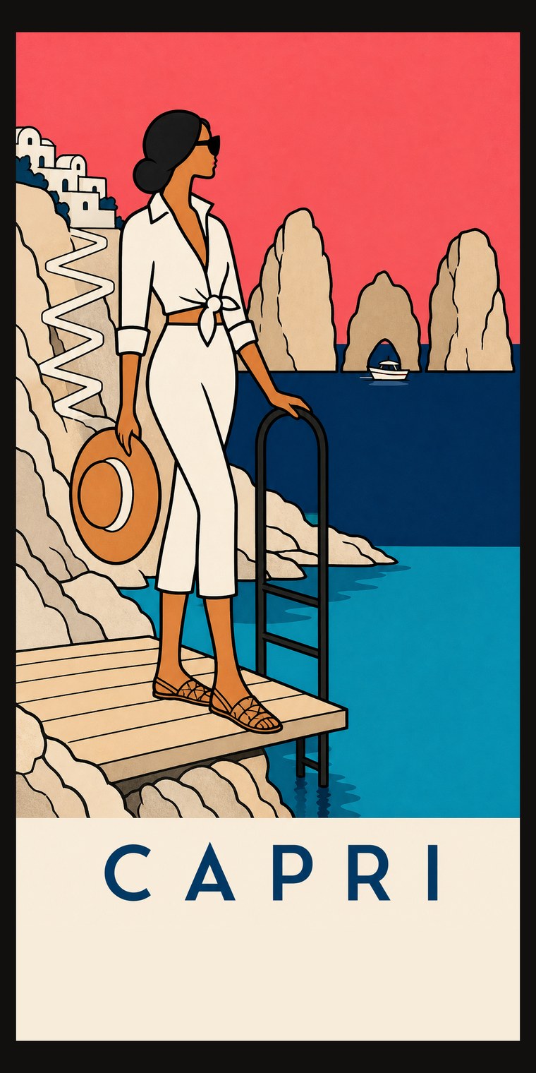 CAPRI beach towel, original seaside poster print, 91 by 183 centimetres