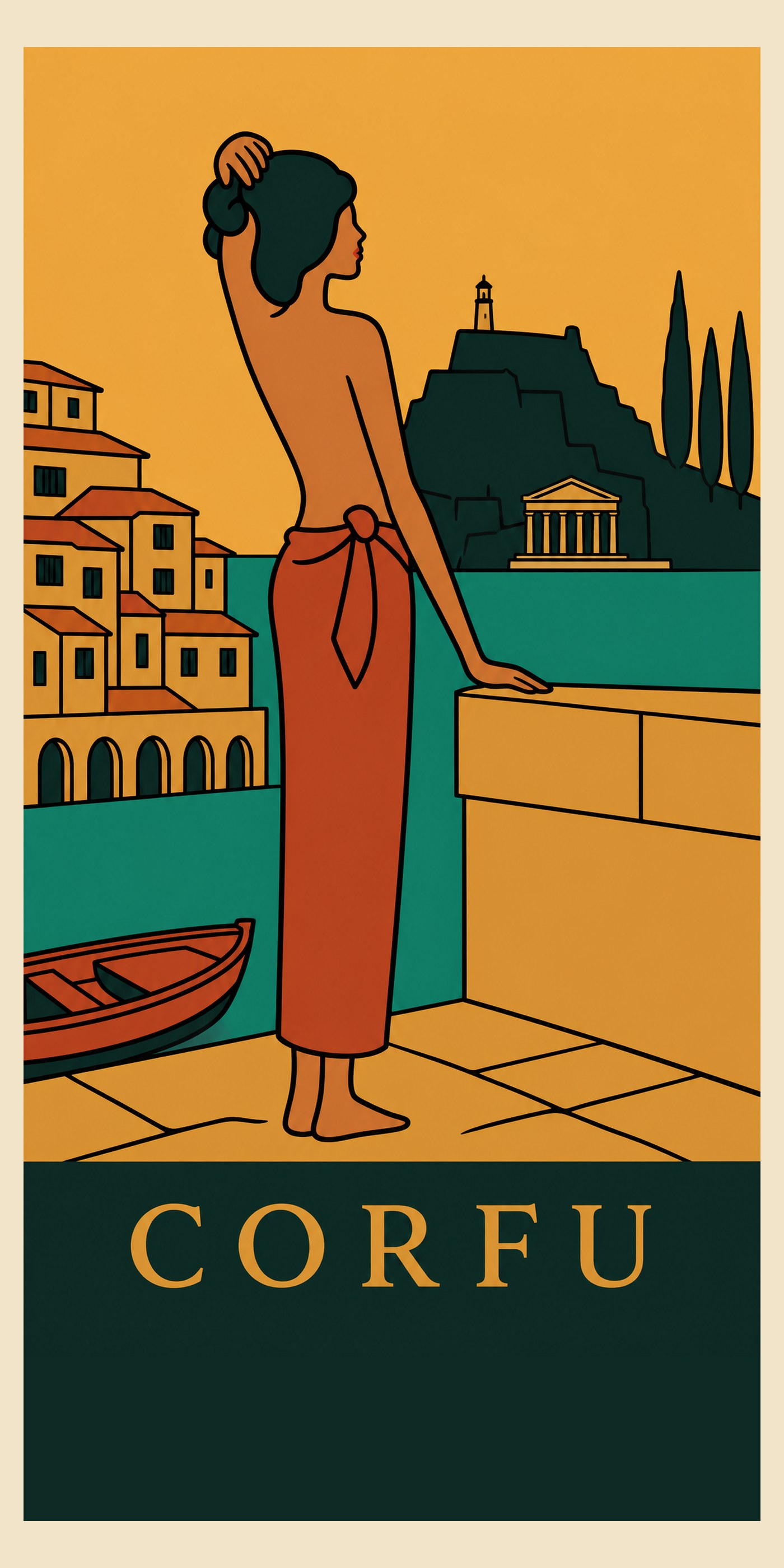 CORFU beach towel, original seaside poster print, 91 by 183 cm