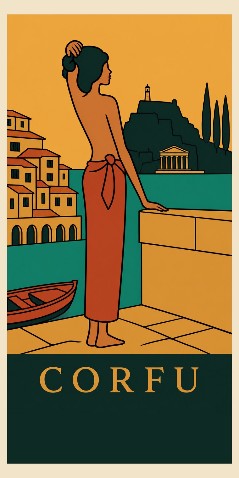 CORFU beach towel, original seaside poster print, 91 by 183 centimetres