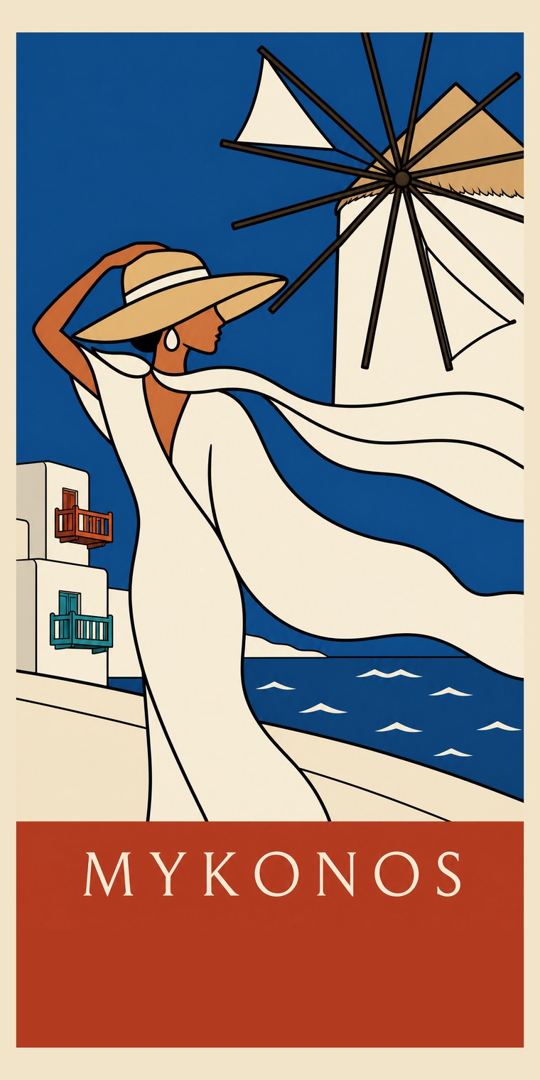MYKONOS beach towel, original seaside poster print, 91 by 183 centimetres