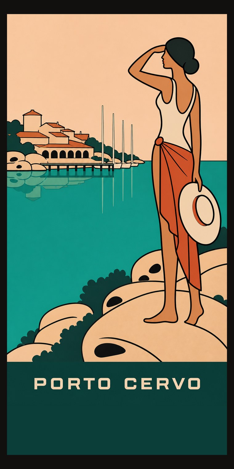 PORTO CERVO beach towel, original seaside poster print, 91 by 183 centimetres