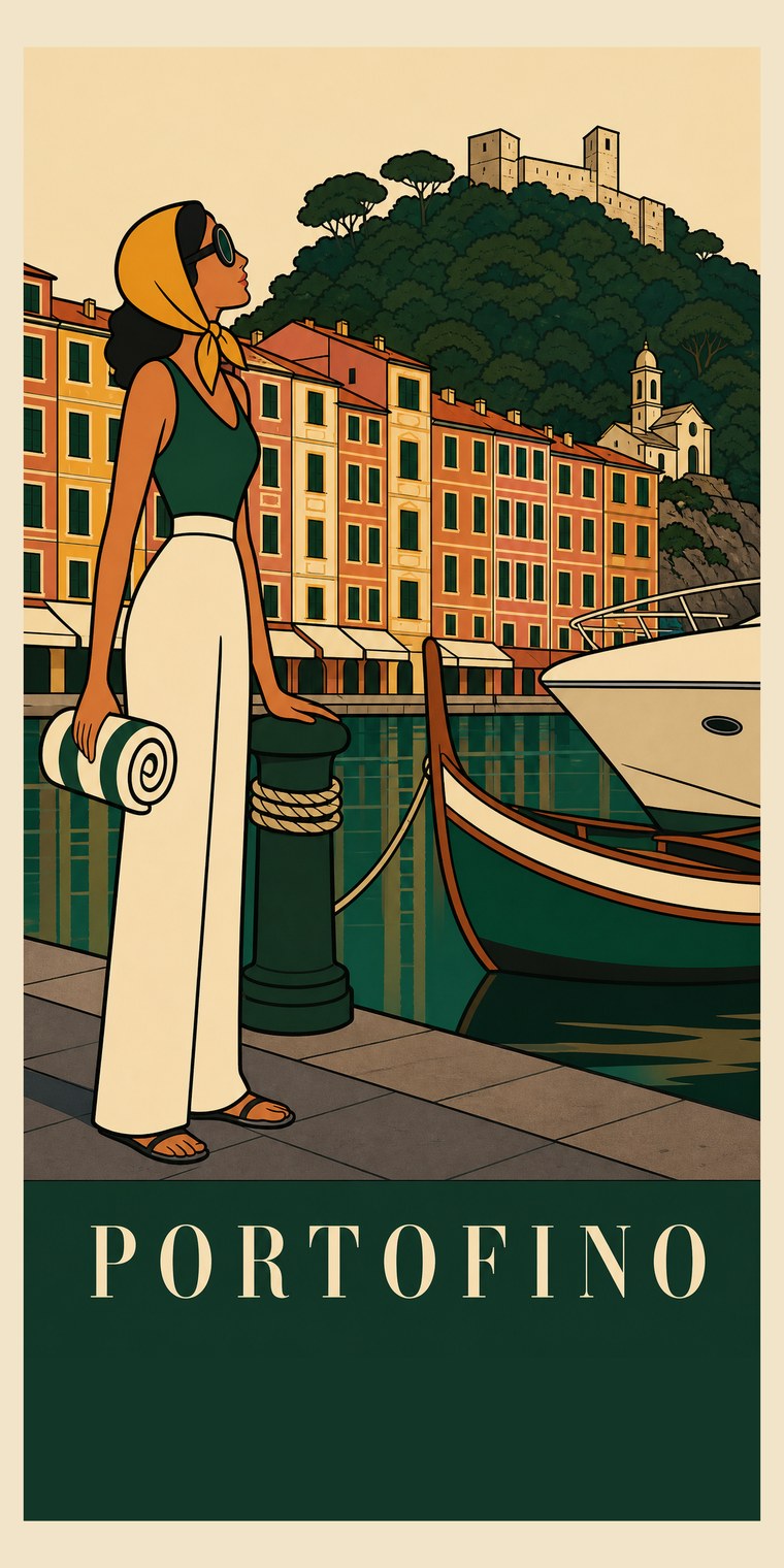 PORTOFINO beach towel, original seaside poster print, 91 by 183 centimetres