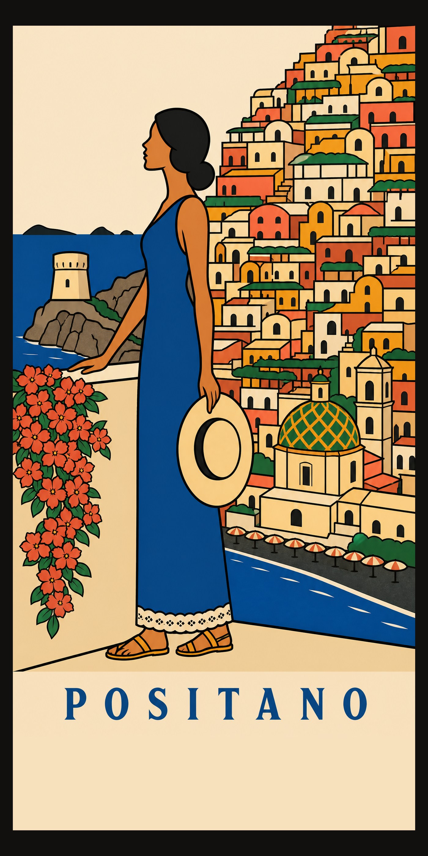 POSITANO beach towel, original seaside poster print, 91 by 183 cm