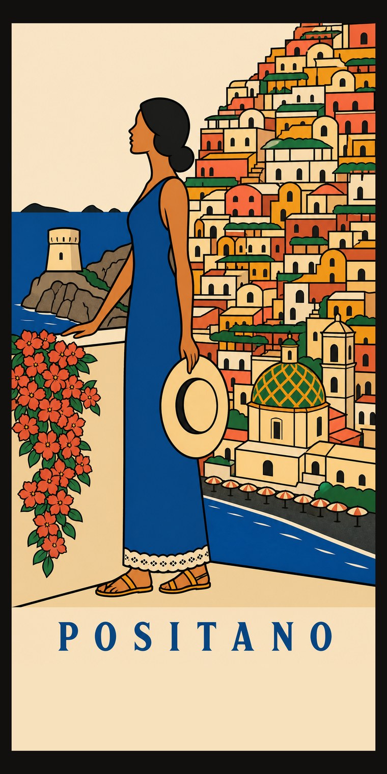 POSITANO beach towel, original seaside poster print, 91 by 183 centimetres