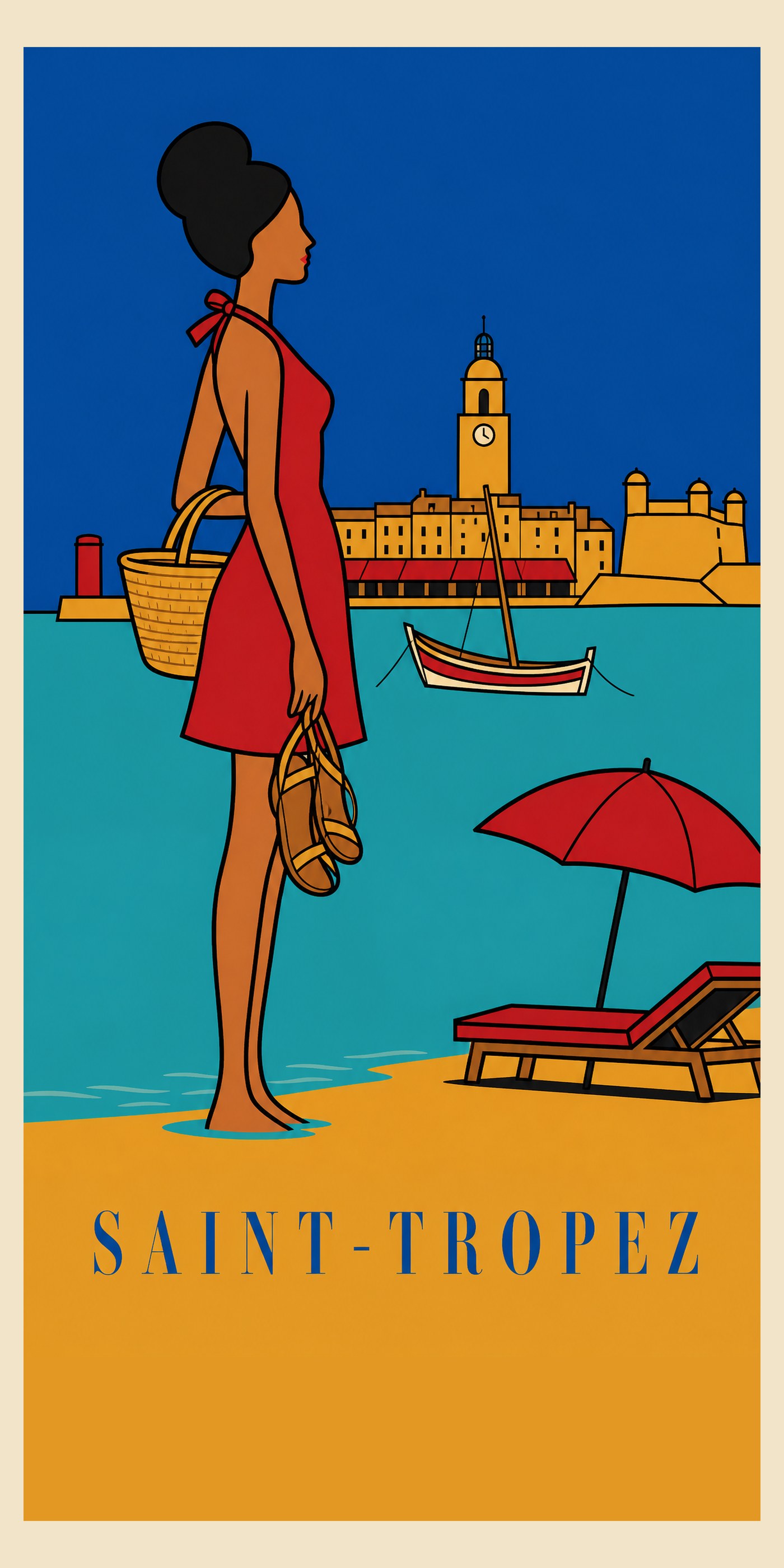 SAINT-TROPEZ beach towel, original seaside poster print, 91 by 183 cm