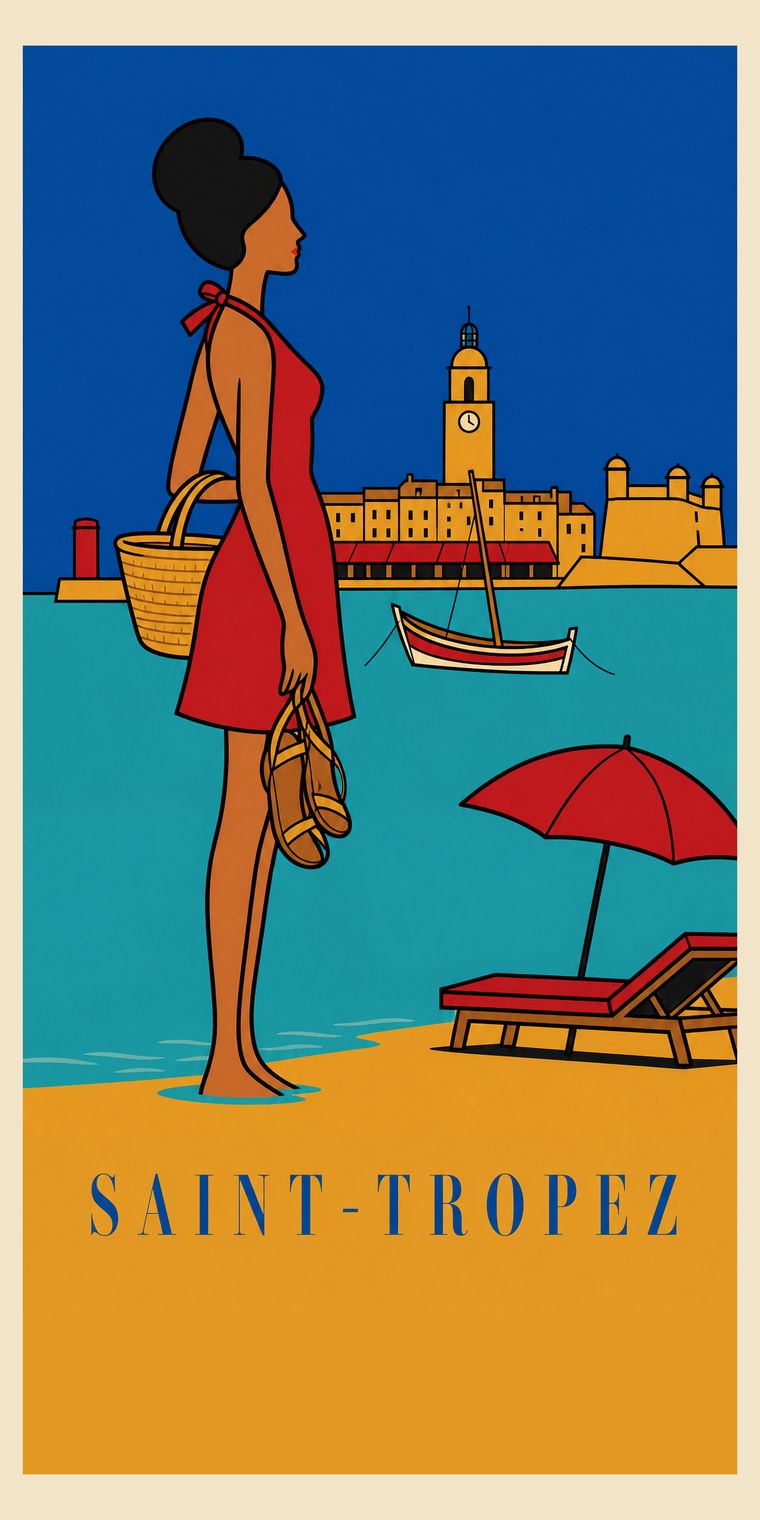 SAINT-TROPEZ beach towel, original seaside poster print, 91 by 183 centimetres