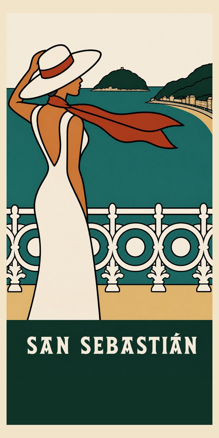 SAN SEBASTIÁN beach towel, original seaside poster print, 91 by 183 centimetres