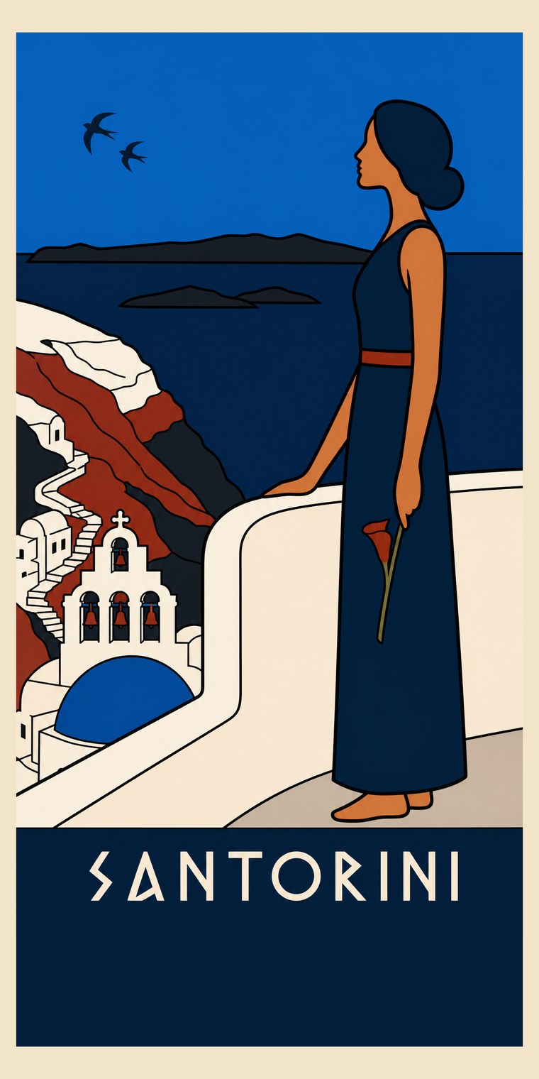 SANTORINI beach towel, original seaside poster print, 91 by 183 centimetres