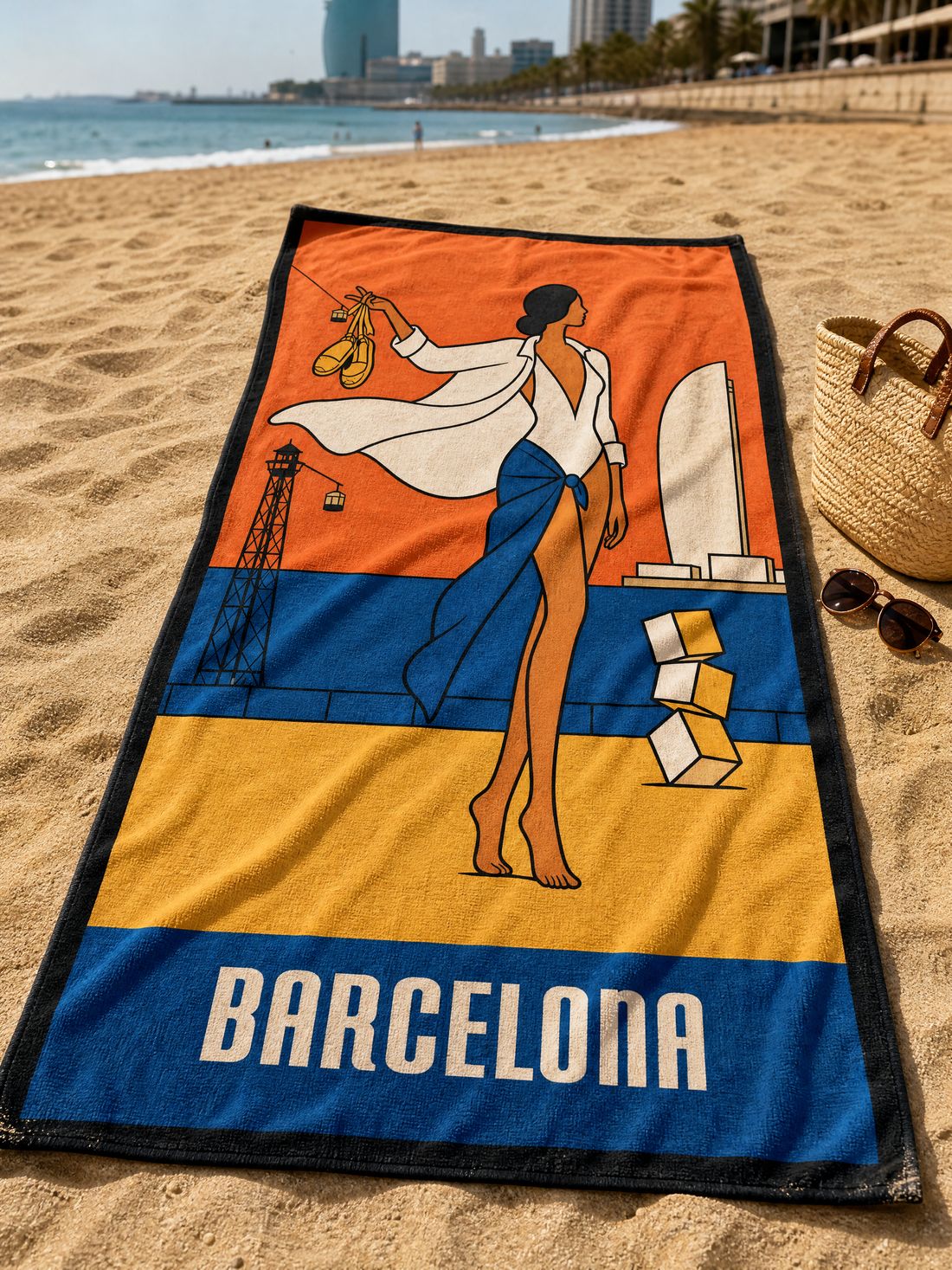 The BARCELONA beach towel spread on the sand