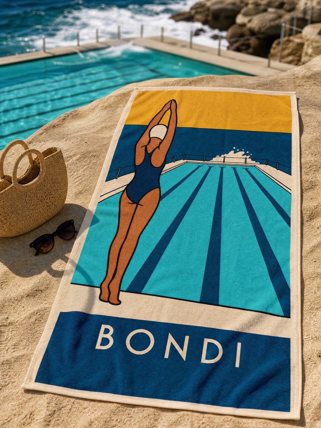 The BONDI beach towel spread on the sand
