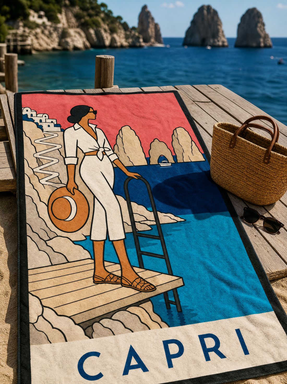 The CAPRI beach towel spread on the sand