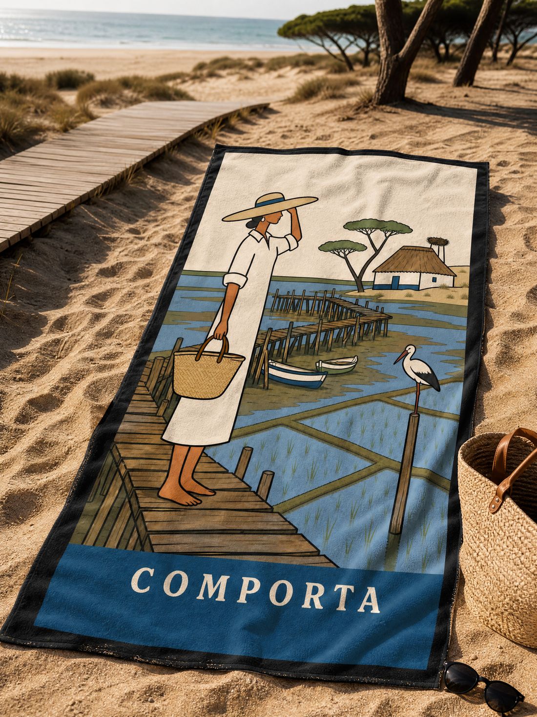 The COMPORTA beach towel spread on the sand