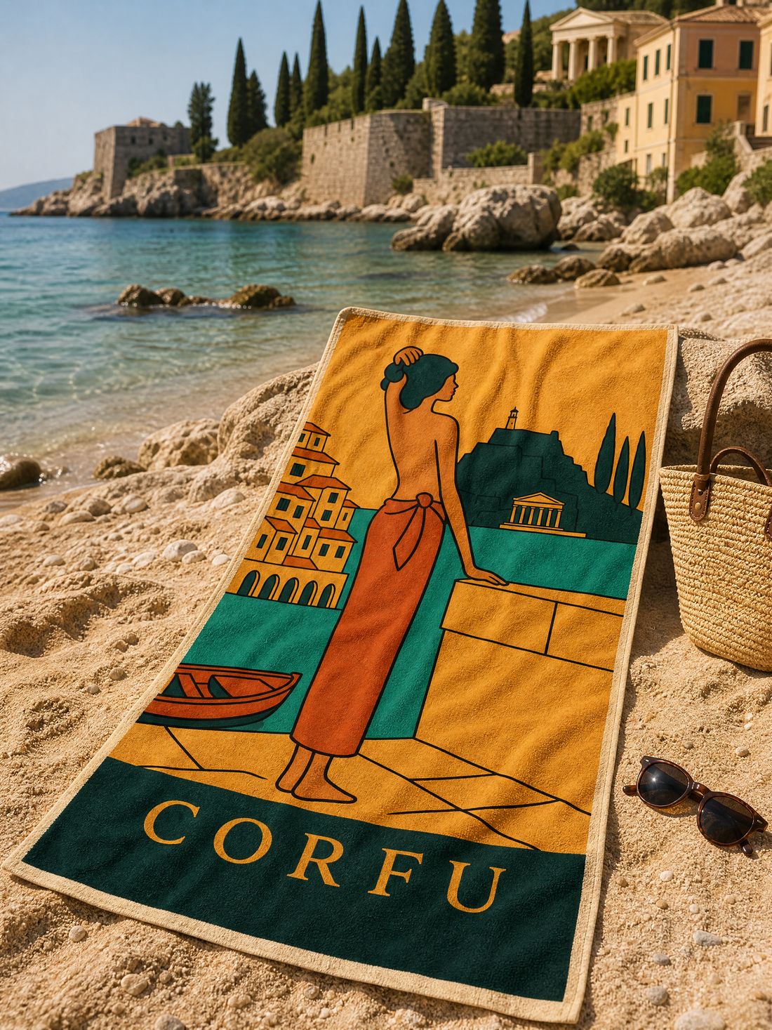 The CORFU beach towel spread on the sand