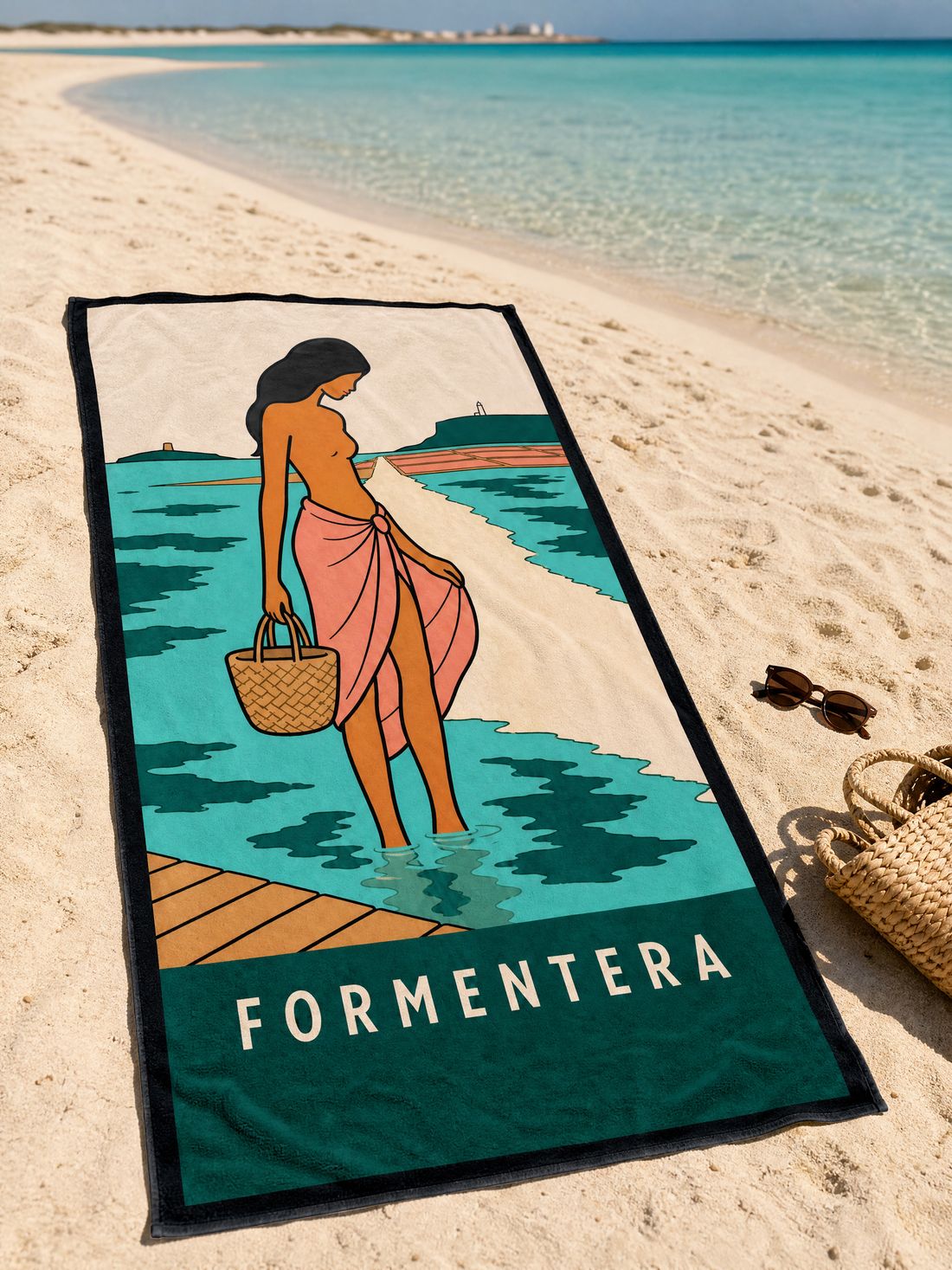 The FORMENTERA beach towel spread on the sand