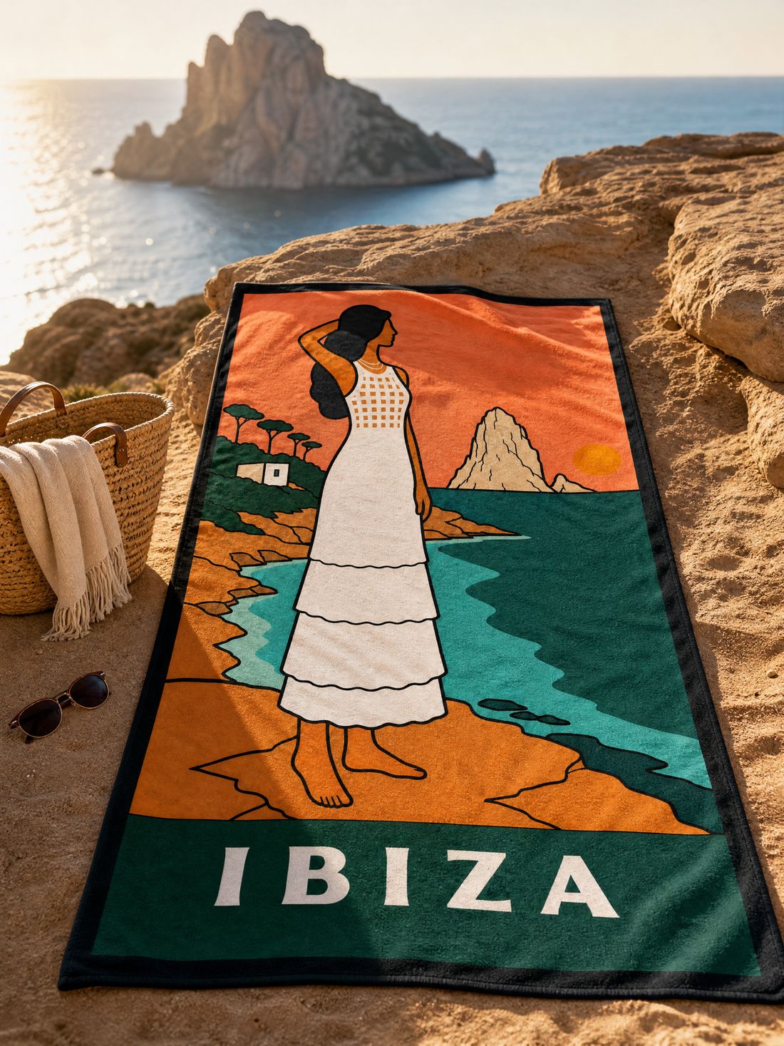 The IBIZA beach towel spread on the sand