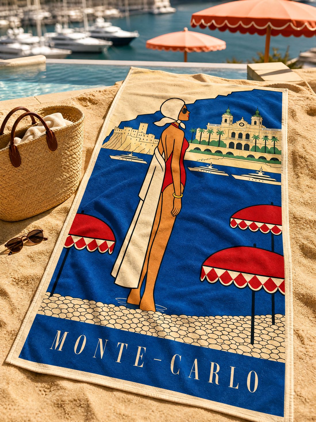 The MONTE-CARLO beach towel spread on the sand