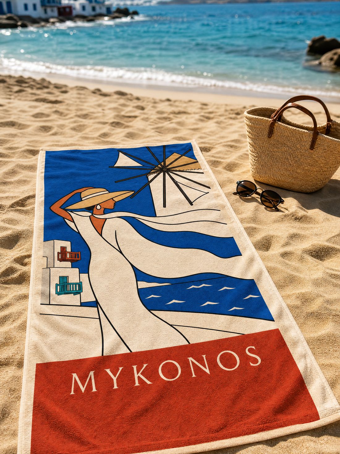 The MYKONOS beach towel spread on the sand