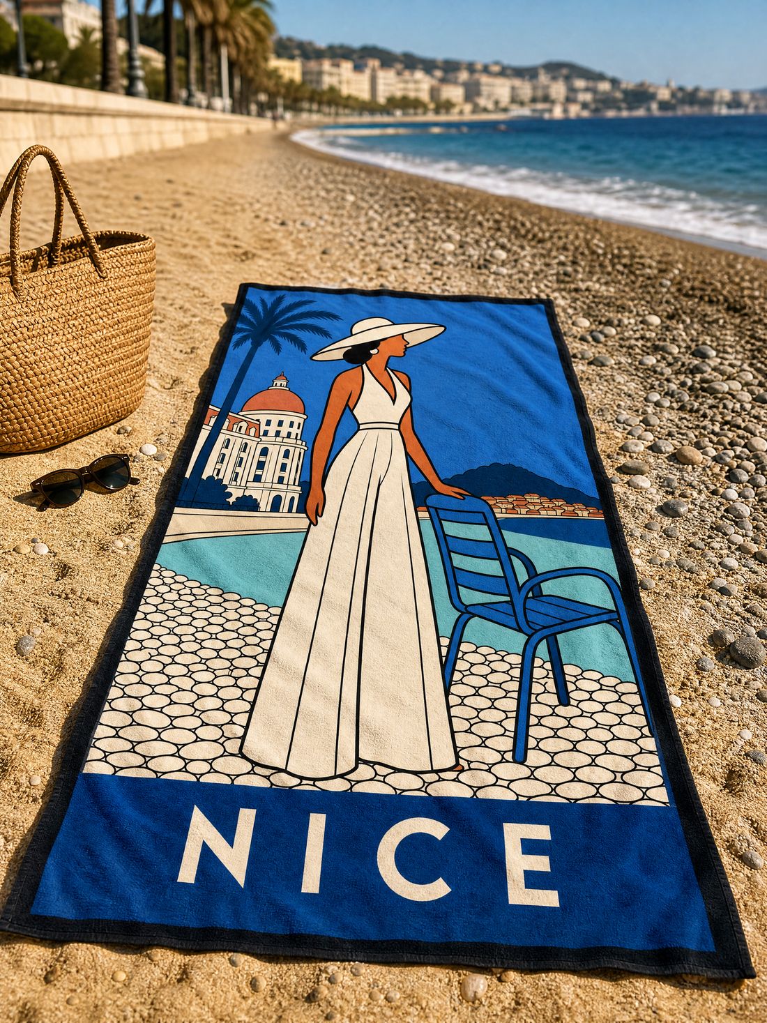 The NICE beach towel spread on the sand