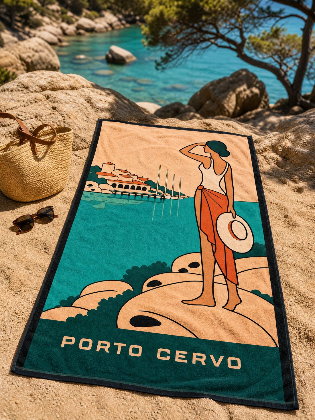 The PORTO CERVO beach towel spread on the sand