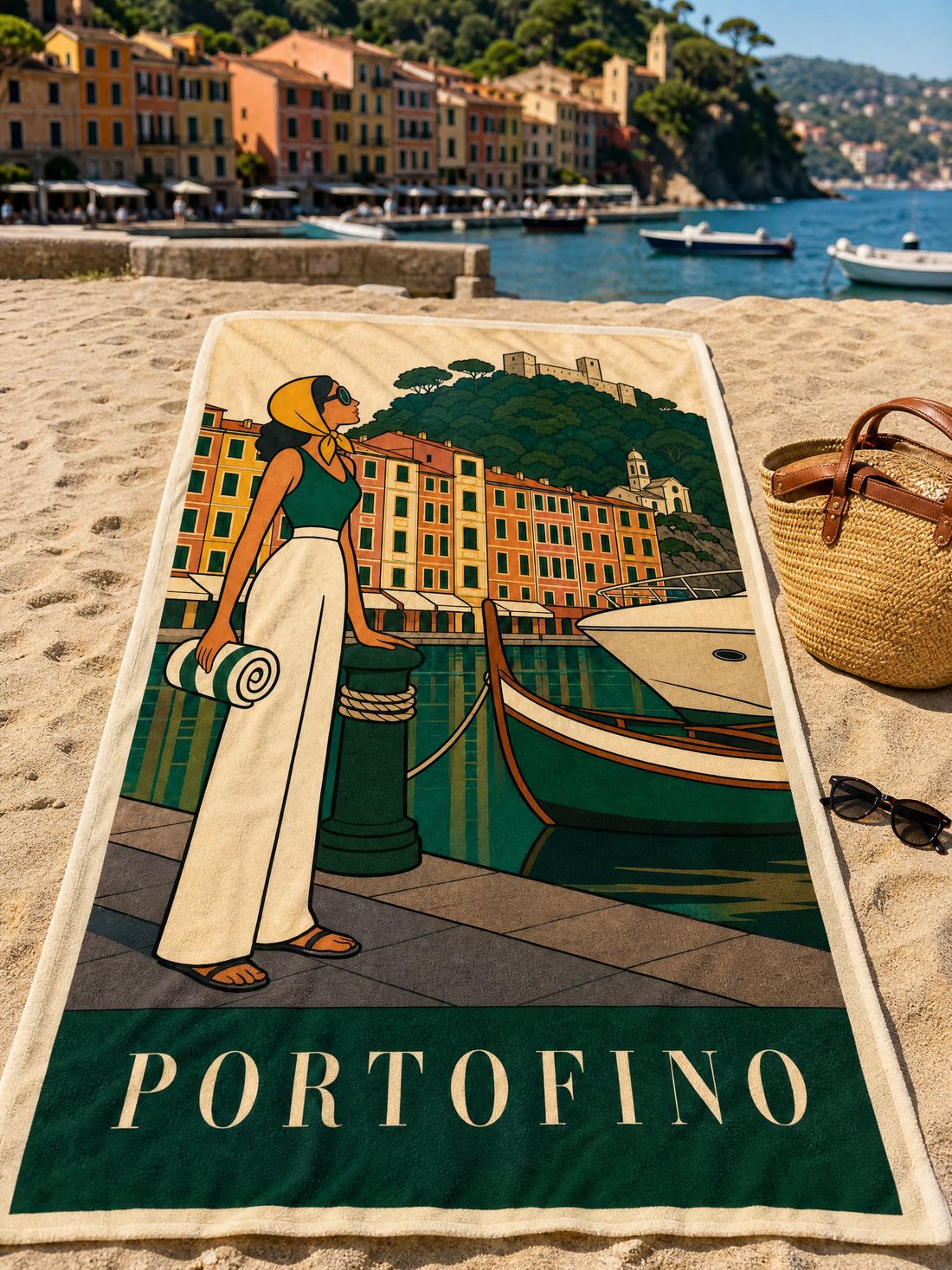 The PORTOFINO beach towel spread on the sand