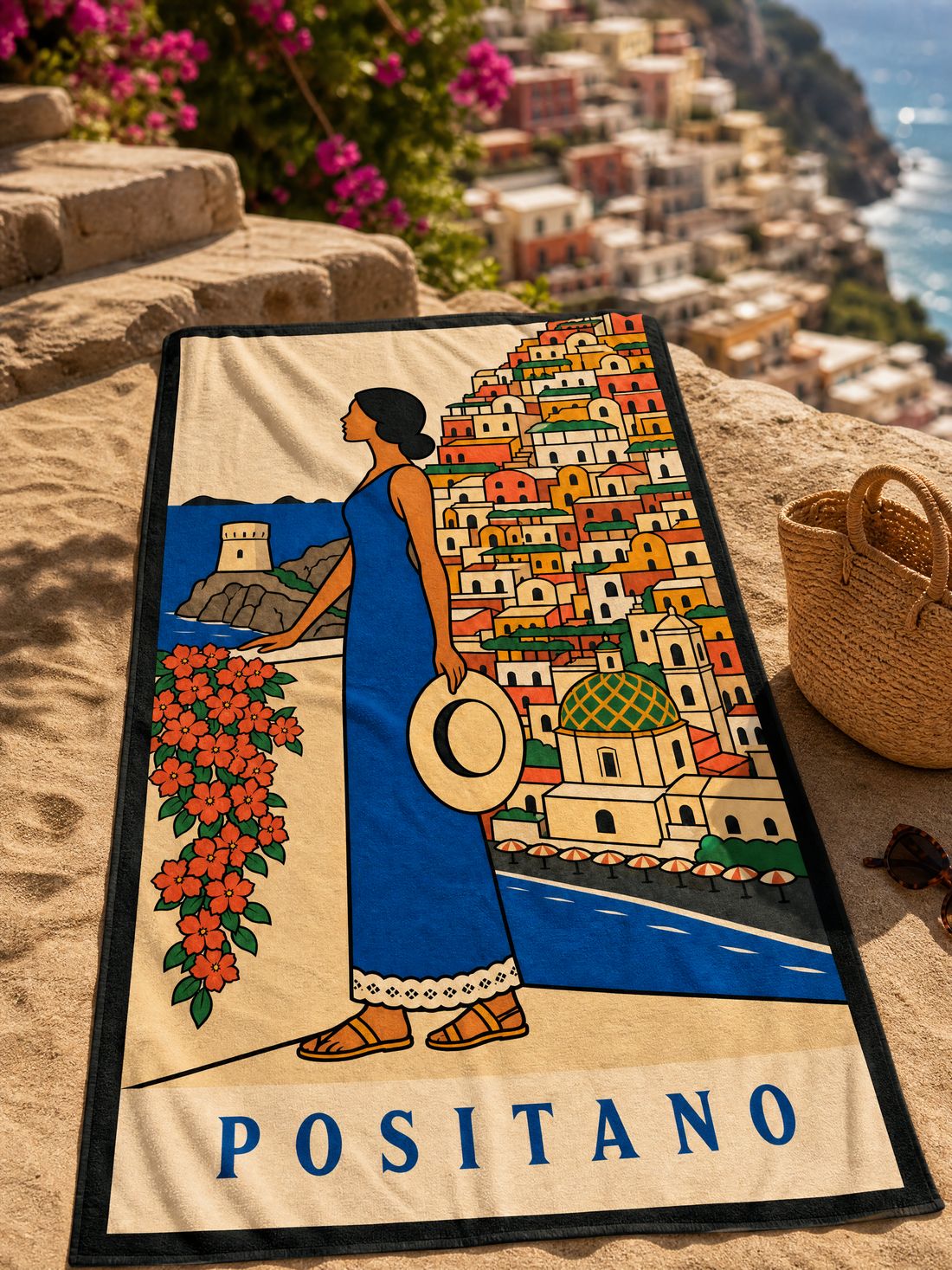 The POSITANO beach towel spread on the sand