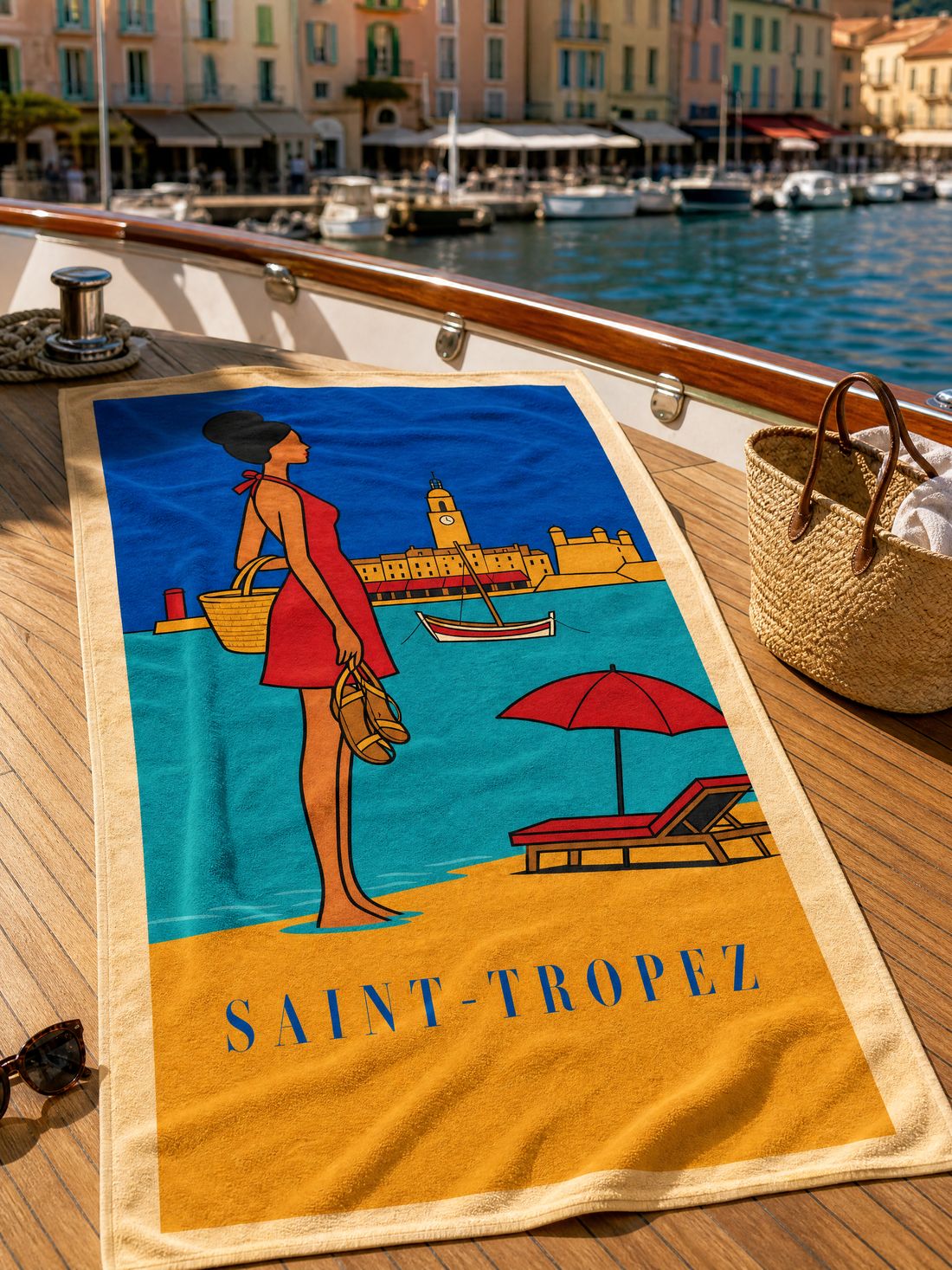 The SAINT-TROPEZ beach towel spread on the sand
