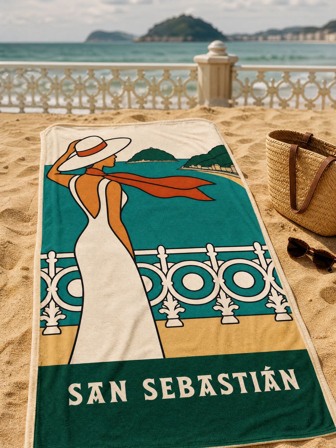 The SAN SEBASTIÁN beach towel spread on the sand
