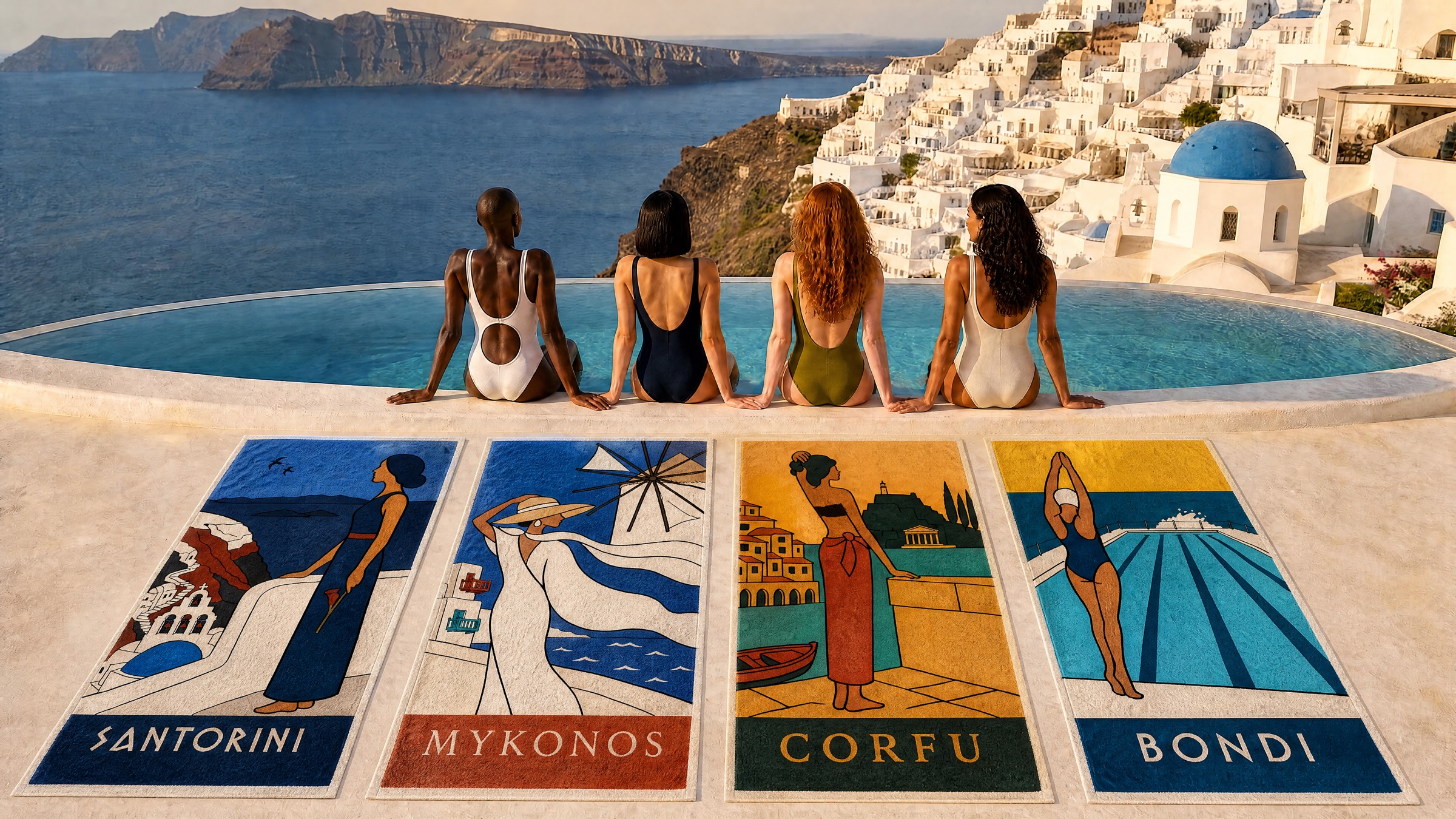 Four Les Amoureuses towels — SANTORINI, MYKONOS, CORFU and BONDI — laid at the edge of a caldera pool above Oia at golden hour