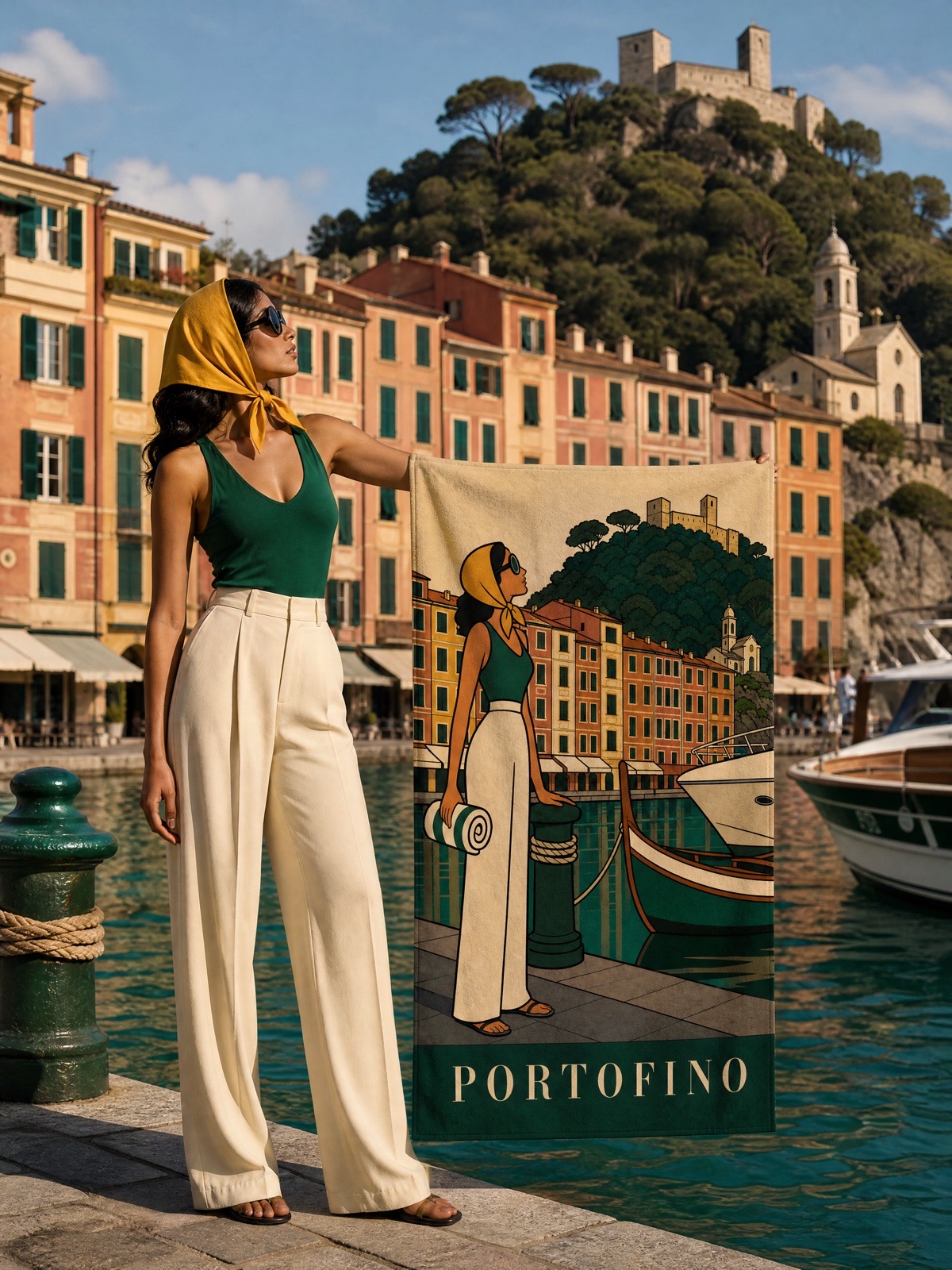 The PORTOFINO beach towel on the harbour quay