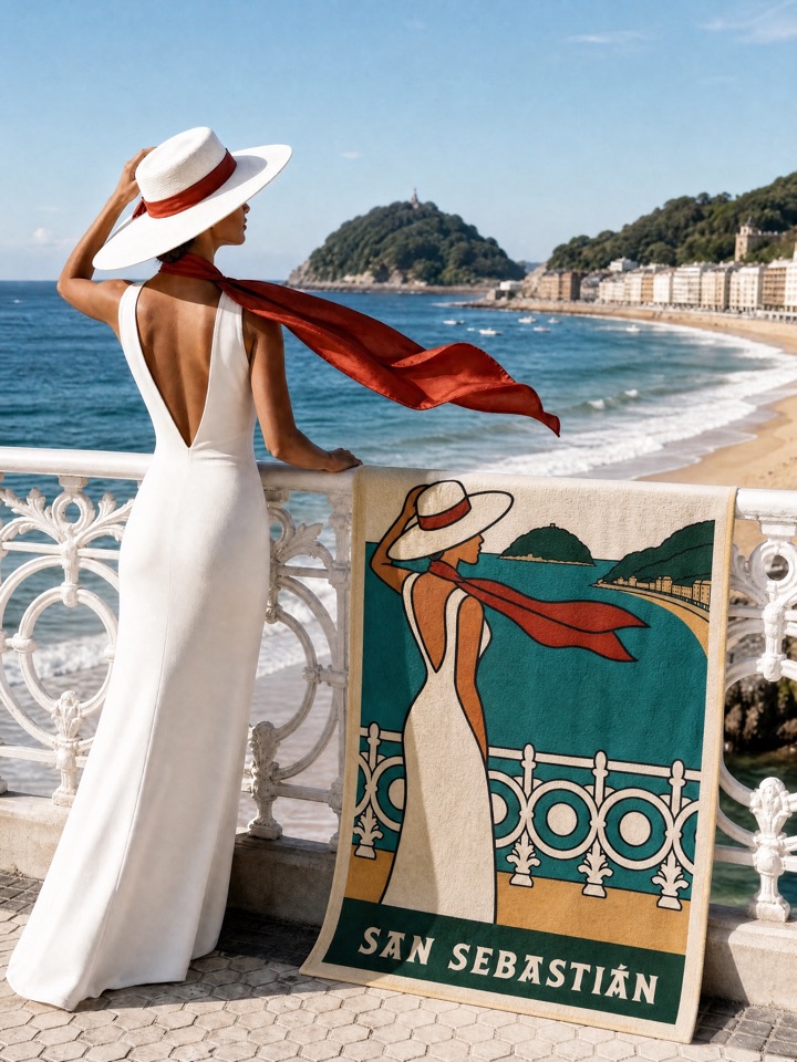 The SAN SEBASTIÁN beach towel over the belle-époque railing at La Concha