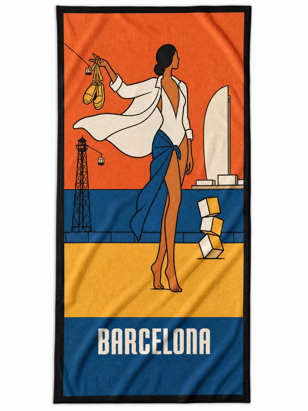The BARCELONA beach towel laid flat on white