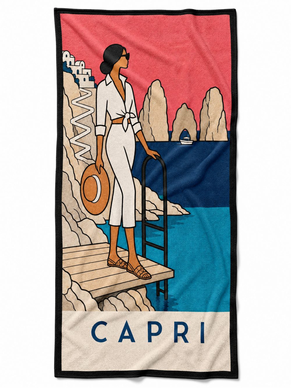 The CAPRI beach towel laid flat on white