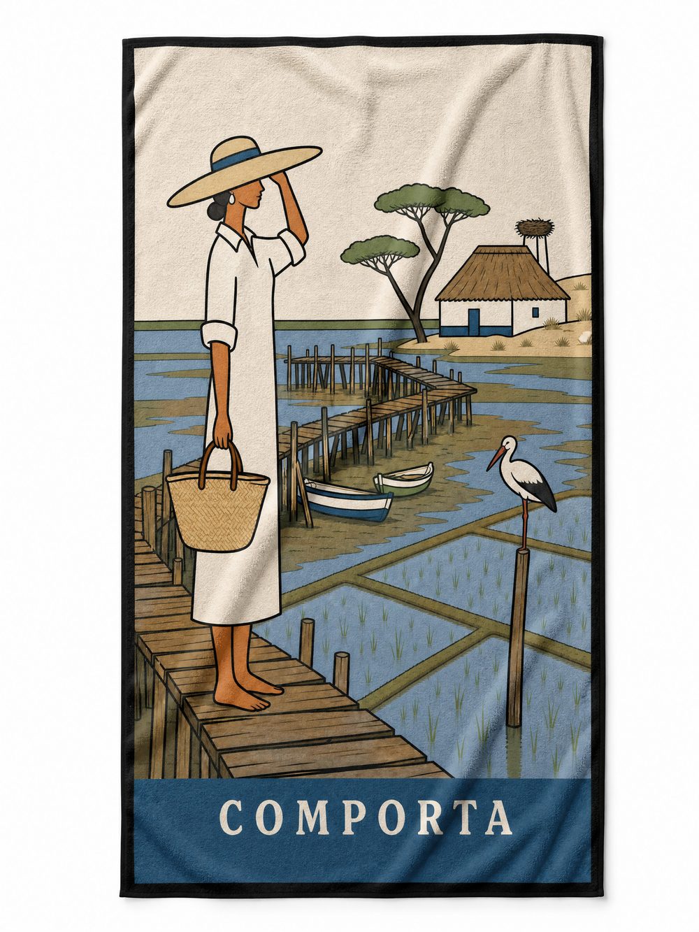 The COMPORTA beach towel laid flat on white