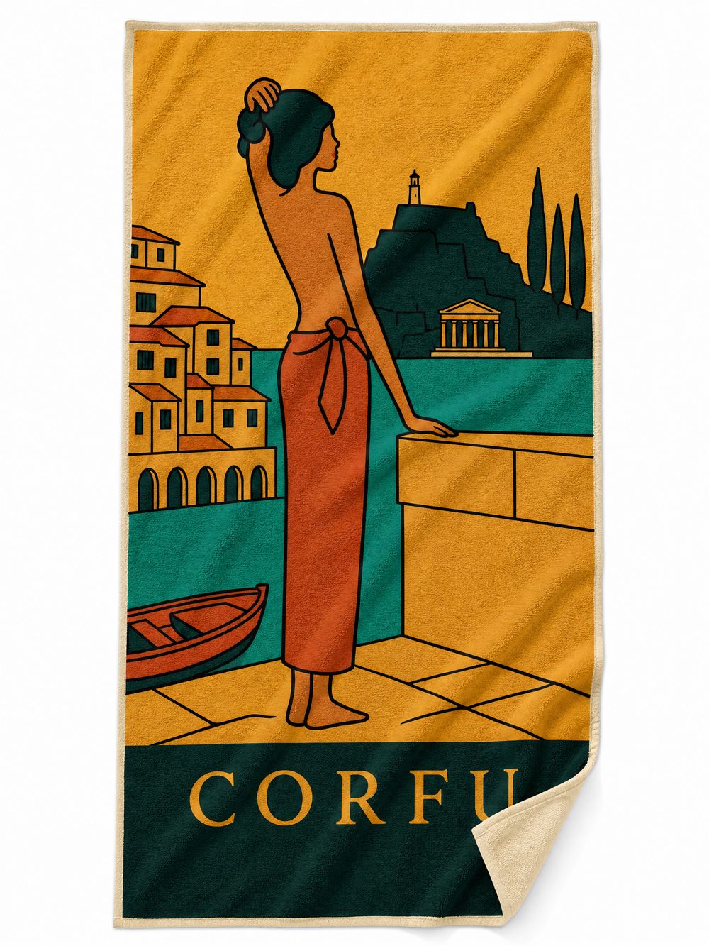 The CORFU beach towel laid flat on white