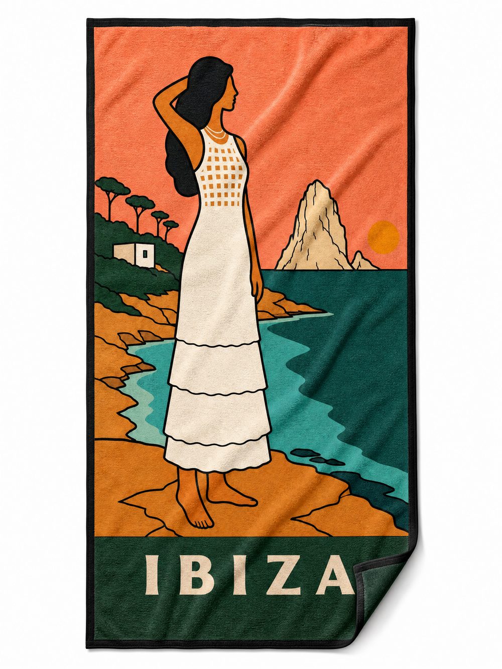 The IBIZA beach towel laid flat on white