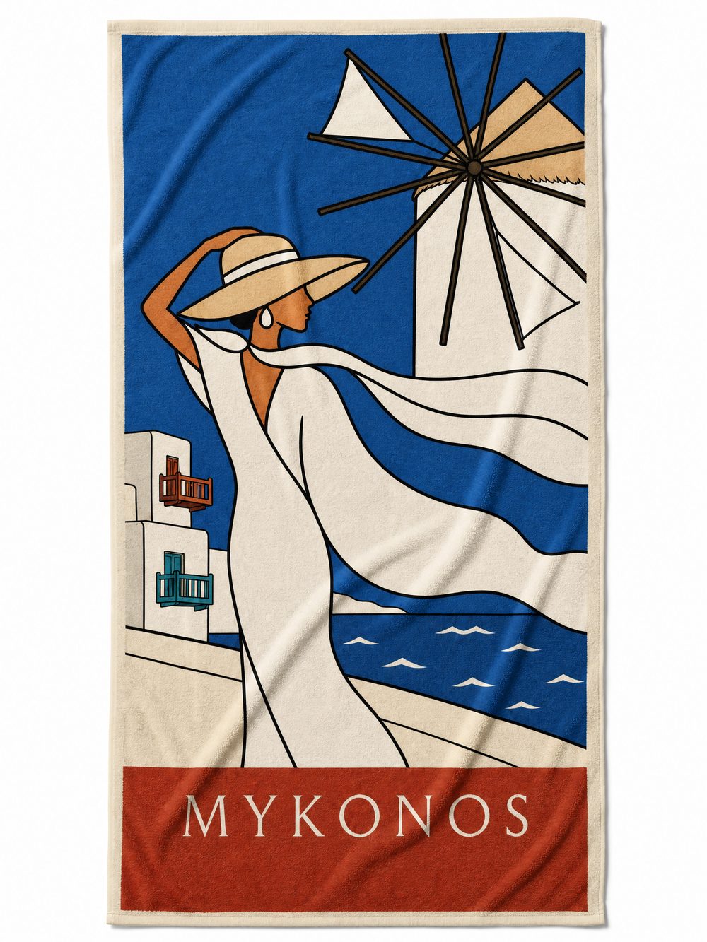 The MYKONOS beach towel laid flat on white