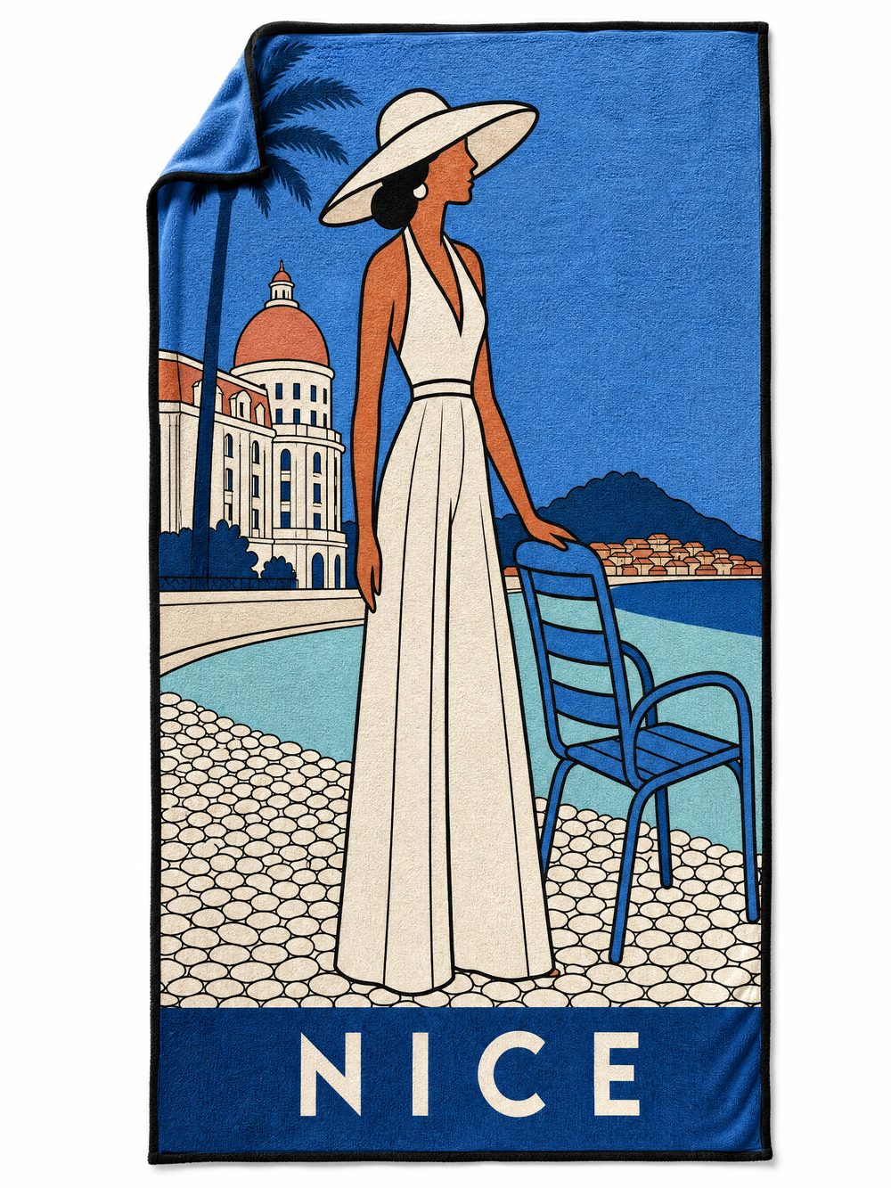 The NICE beach towel laid flat on white