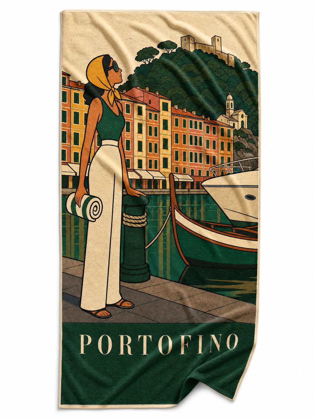 The PORTOFINO beach towel laid flat on white