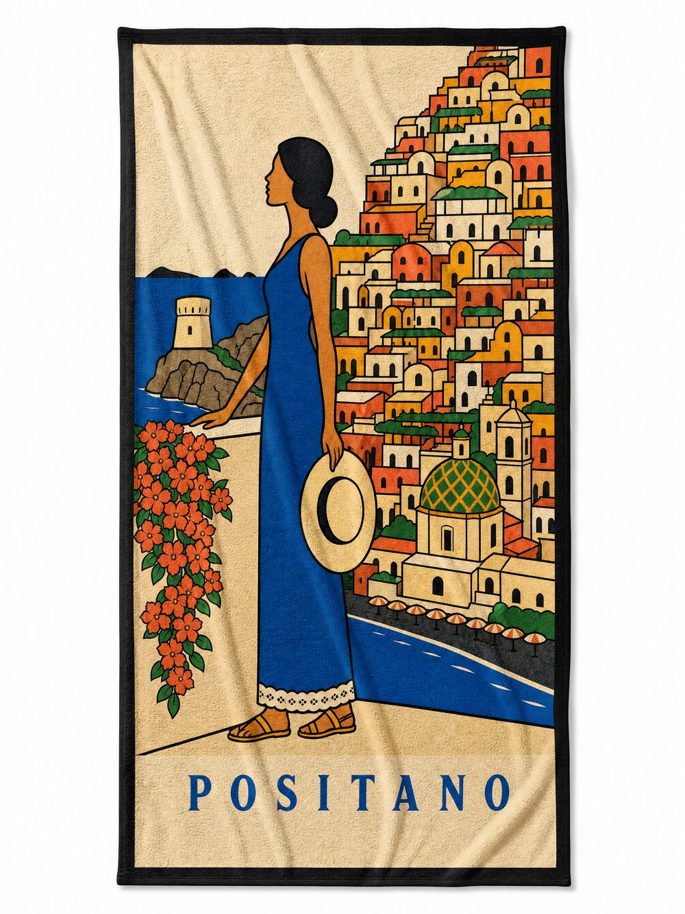 The POSITANO beach towel laid flat on white