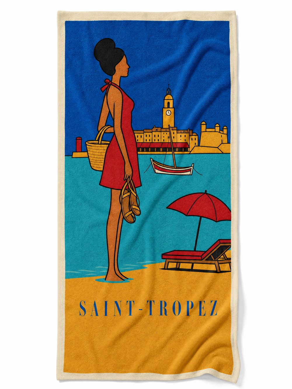The SAINT-TROPEZ beach towel laid flat on white