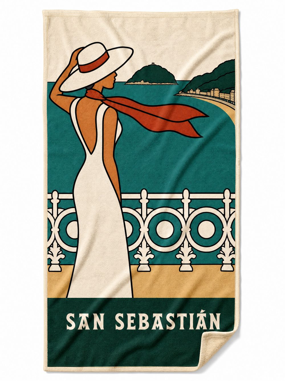 The SAN SEBASTIÁN beach towel laid flat on white