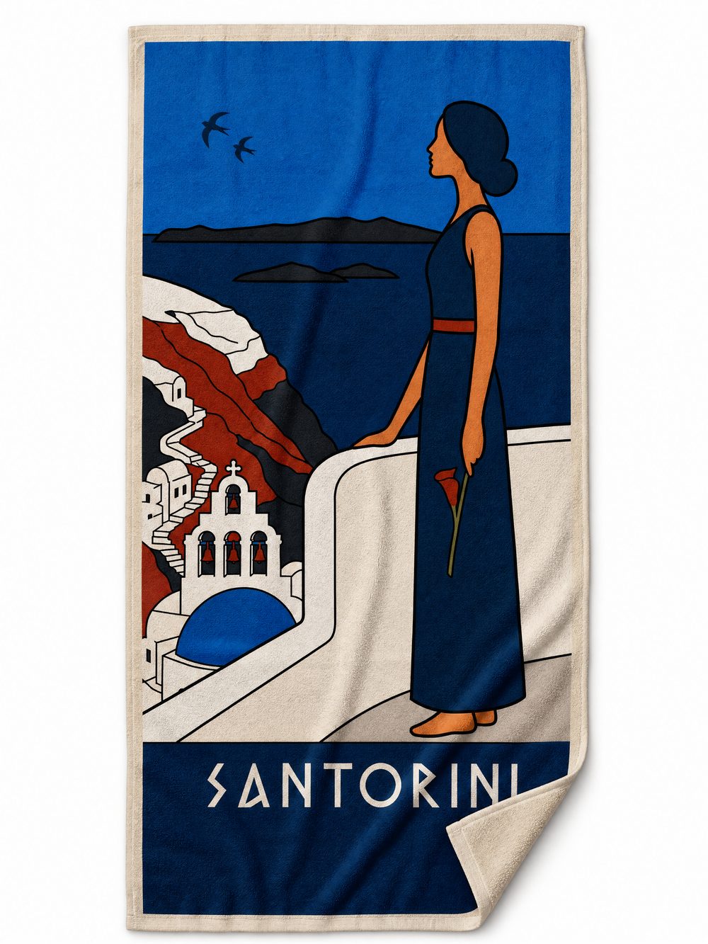 The SANTORINI beach towel laid flat on white