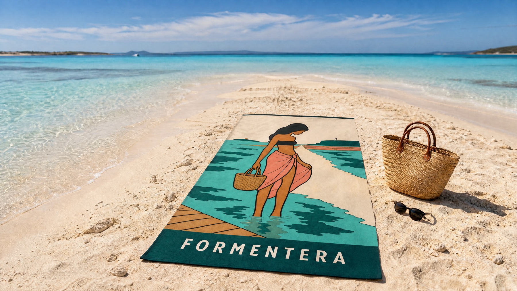 The FORMENTERA beach towel laid out whole on white sand in the shallows at Ses Illetes
