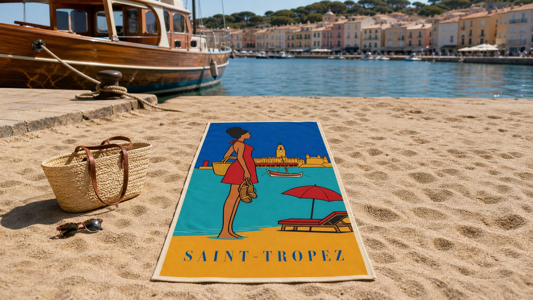 The SAINT-TROPEZ beach towel carried down to the water